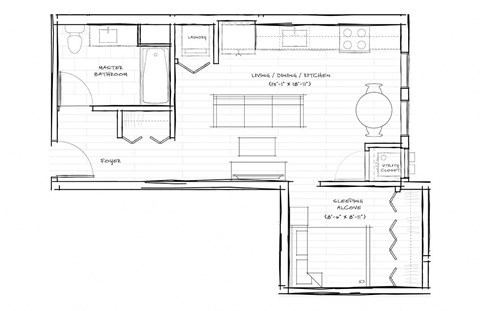 Floor plan for studio, 1 bath, 534 sqft
